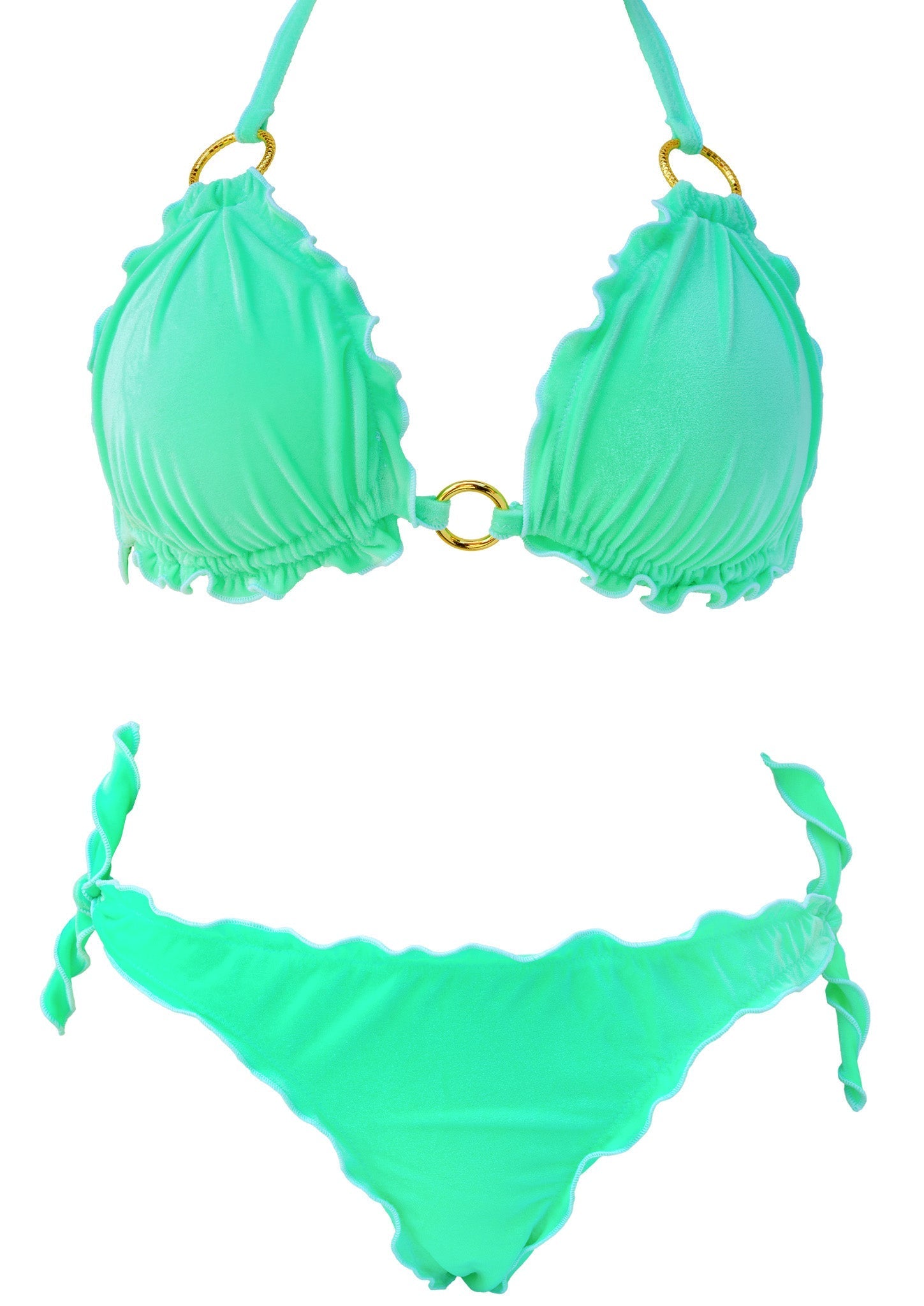 Triangel-Bikini Jade Gold aus jadegrünem Samt mit goldenem Ring